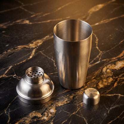 3 részes Koktél Shaker 750ml - rozsdamentes acél mixer tartozékok egy elegáns márvány felületen.