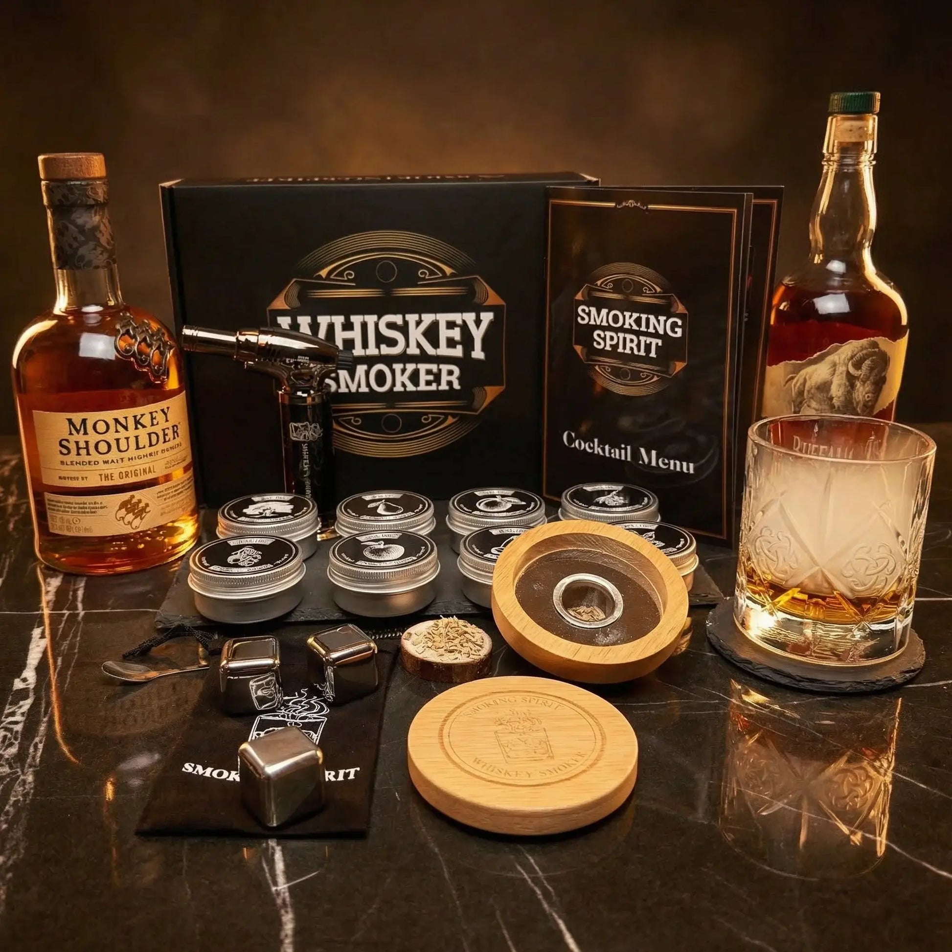 Whiskey Füstölő Szett - prémium füstölő, whiskey kövek és különböző faaprítékok az ízletes koktélokhoz.