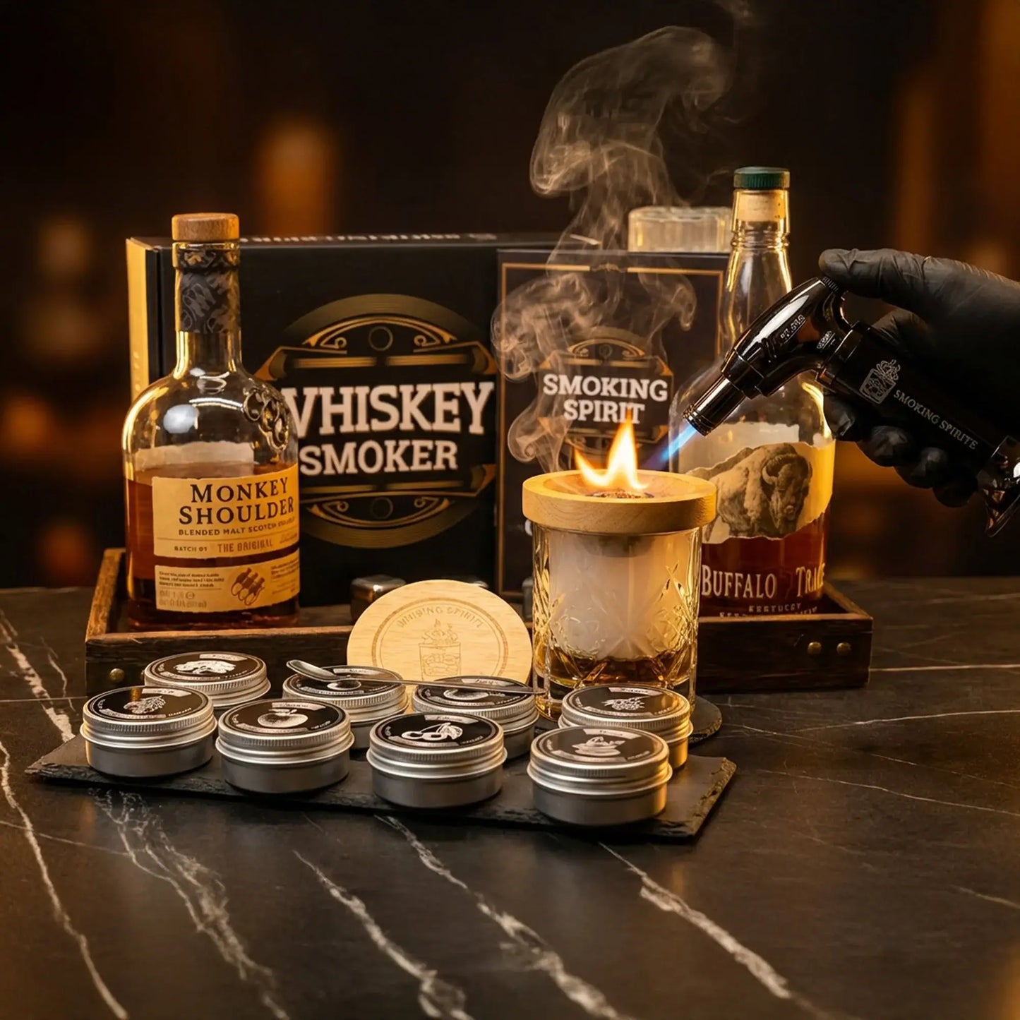 Whiskey Füstölő Szett - Füstölő készlet whiskey és koktél füstöléshez, profi eszközzel és faaprítékkal.