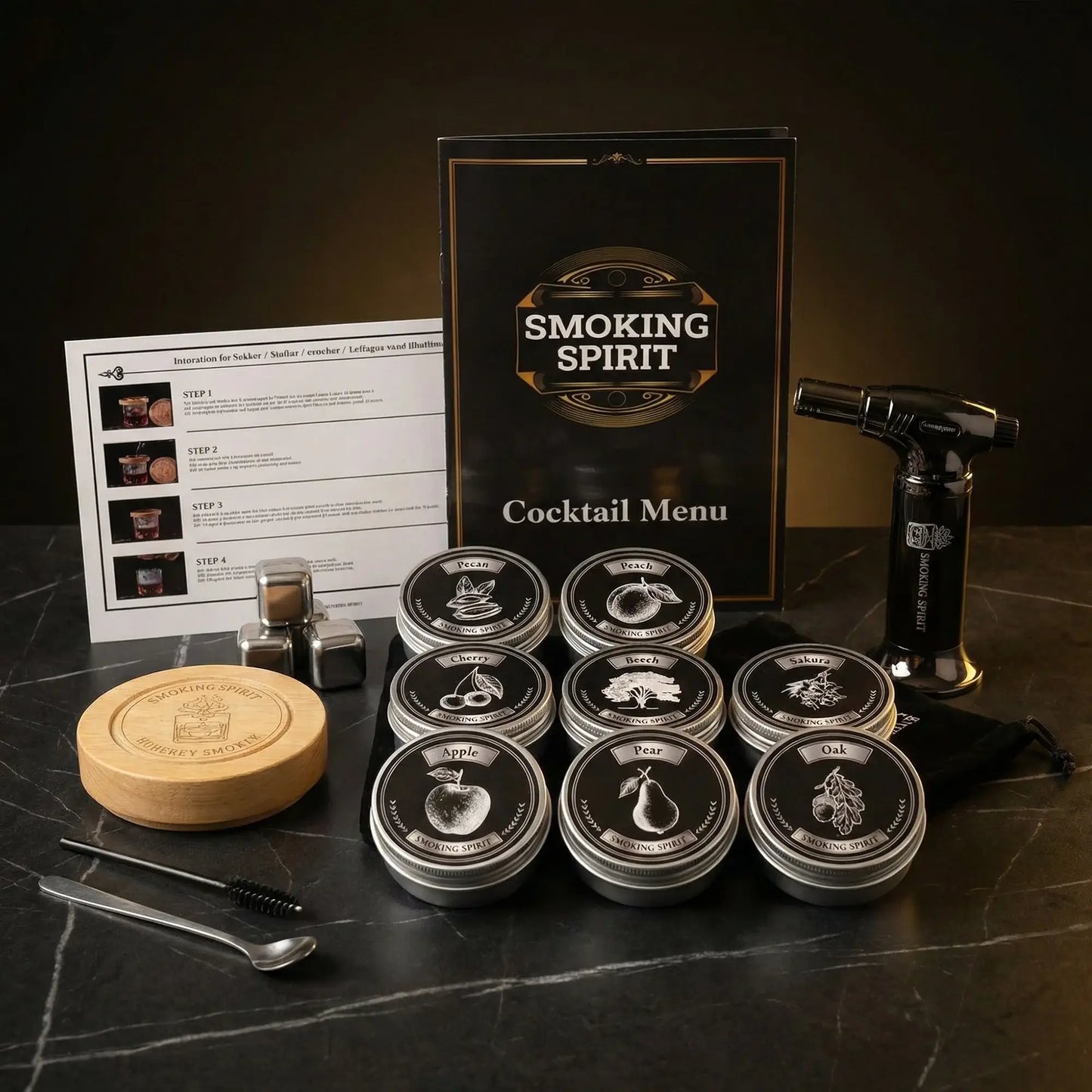 Whiskey Füstölő Szett, füstölő eszközökkel és faaprítékokkal a tökéletes füstölt koktélhoz.