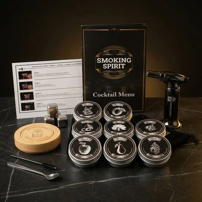 Whiskey Füstölő Szett, füstölő eszközökkel és faaprítékokkal a tökéletes füstölt koktélhoz.