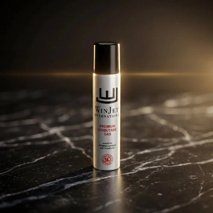 Winjet prémium öngyújtó utántöltő gáz 90 ml flakon elegáns fekete márvány háttér előtt.